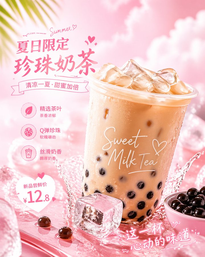 粉色少女风珍珠奶茶特写广告 GPT Image 2 prompt example variation 2: 粉色少女风珍珠奶茶特写广告,AI assistant模型图片提示词案例。标签:奶茶、少女风、特写。快速复制Nano Banana Pro prompt。