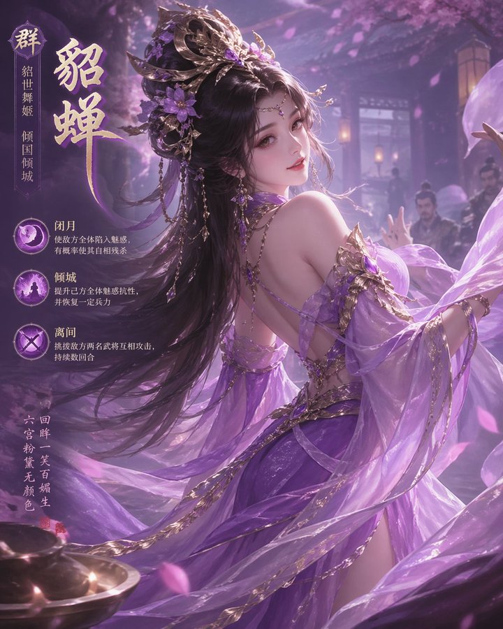 三国绝色貂蝉回眸立绘 のQwen Imageプロンプト例 バリエーション 2: 三国绝色貂蝉回眸立绘，AI assistant模型图片提示词案例。标签：貂蝉、立绘、紫纱。快速复制Nano Banana Pro prompt。