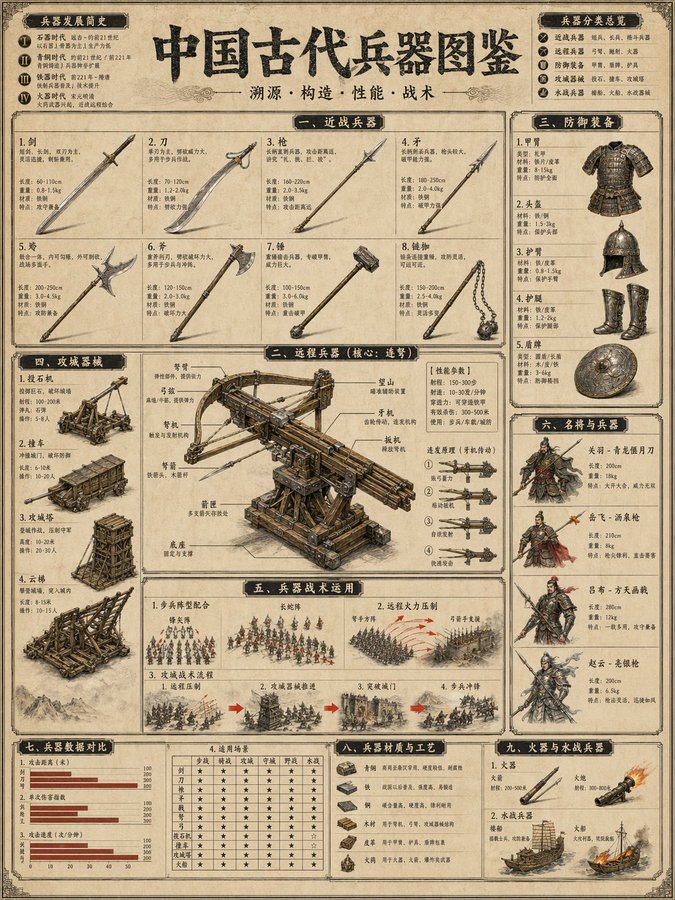 中国古代兵器图鉴百科图版 Qwen Image prompt example variation 2: 中国古代兵器图鉴百科图版,AI assistant模型图片提示词案例。关键词:tactical, military, technical。快速复制Nano Banana Pro prompt。