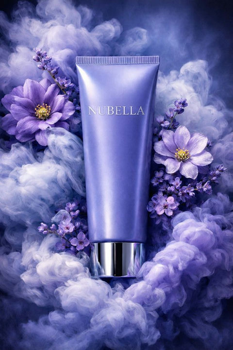 梦幻蓝紫烟雾环绕的NUBELLA奢华护肤软管 GPT Image 2 提示词案例